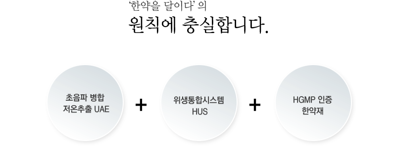 '한약을 달이다'의 원칙에 충실합니다. 초음파 병합 저온추출 UAE + 위생통합시스템 HUS + HGMP 인증 한약재